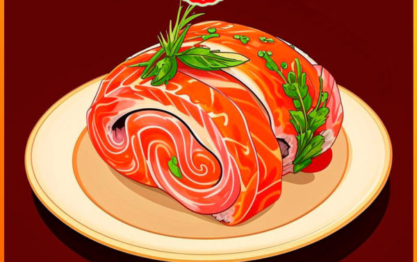 Запечённый ролл с сёмгой, сыром и икрой Тобико в пиццерии Фигаро