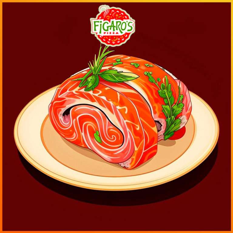 Запечённый ролл с сёмгой, сыром и икрой Тобико в пиццерии Фигаро